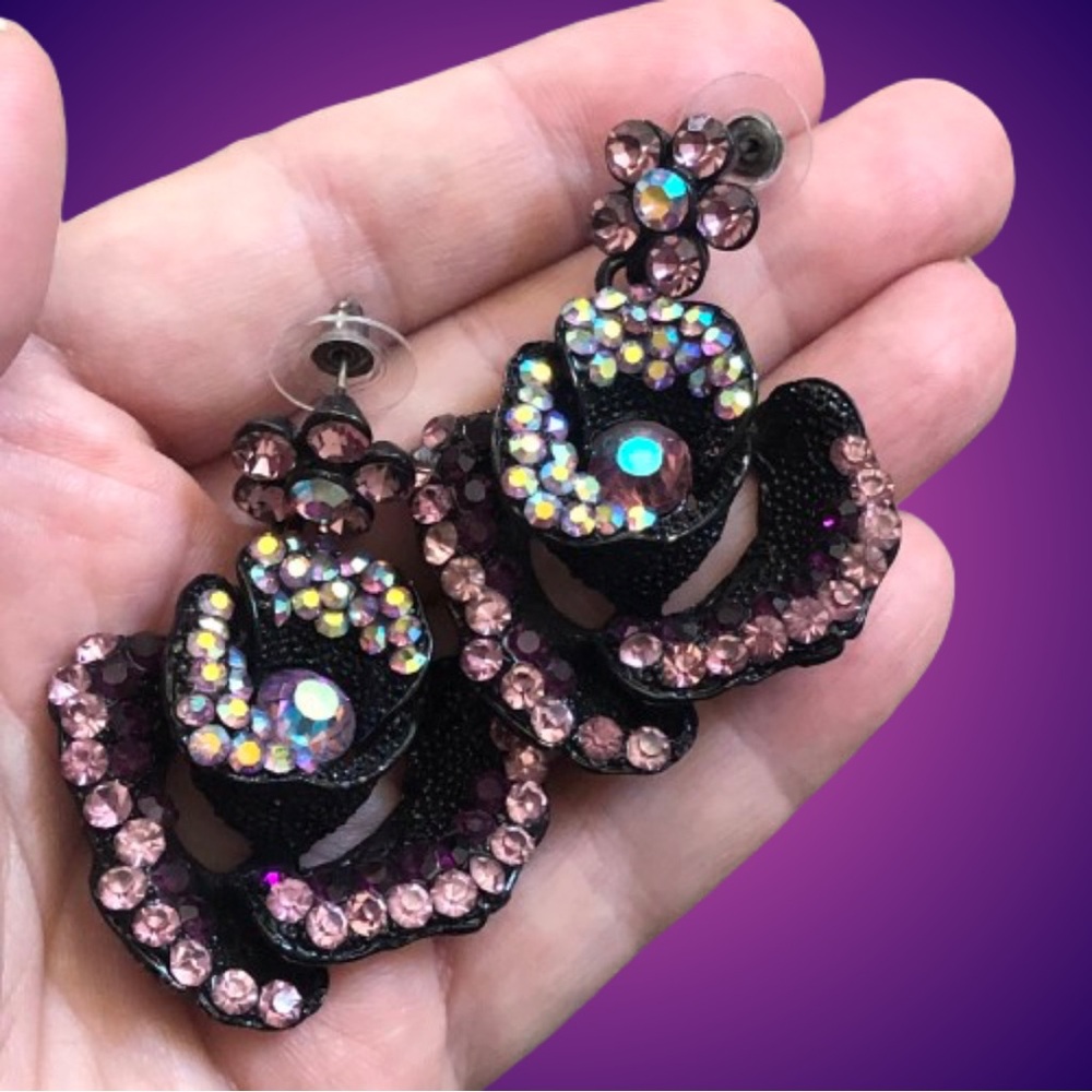 Y2K style black metal rose earrings AB crystals Betsey Johnson?
